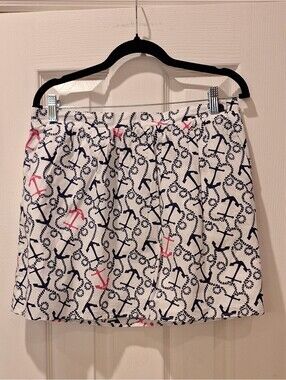 Lilly Pulitzer - White Mini Skirt with Navy and Pink Anchor Print - Large
